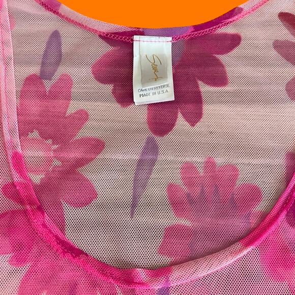 90's vintage pink mesh daisy floral dress swim cover up LARGE sessa - Picture 4 of 7